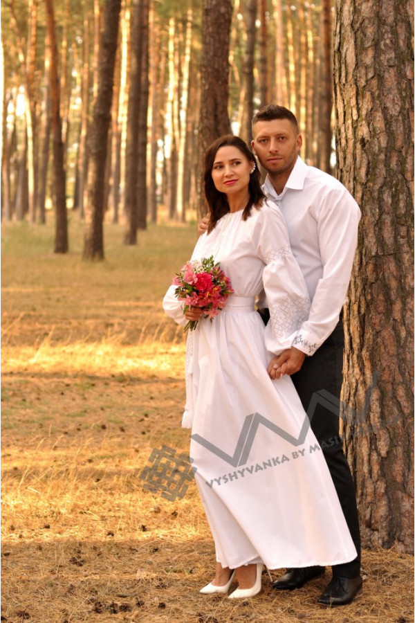 Шлюбний комплект - весільне плаття з вишивкою та біла класична сорочка з елементами вишивки Шлюбний комплект - весільне плаття з вишивкою та біла класична сорочка з елементами вишивки